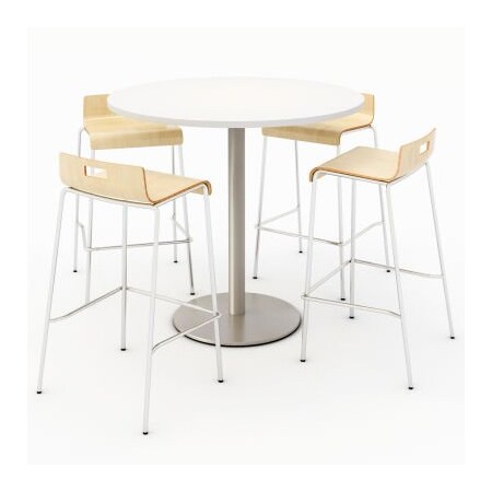 Kfi KFI 42" Round Dining Table & 4 Barstool Set, Designer White Table With Natural Stools T42RD-B1922SL-38-D354-BR9333-4-NA